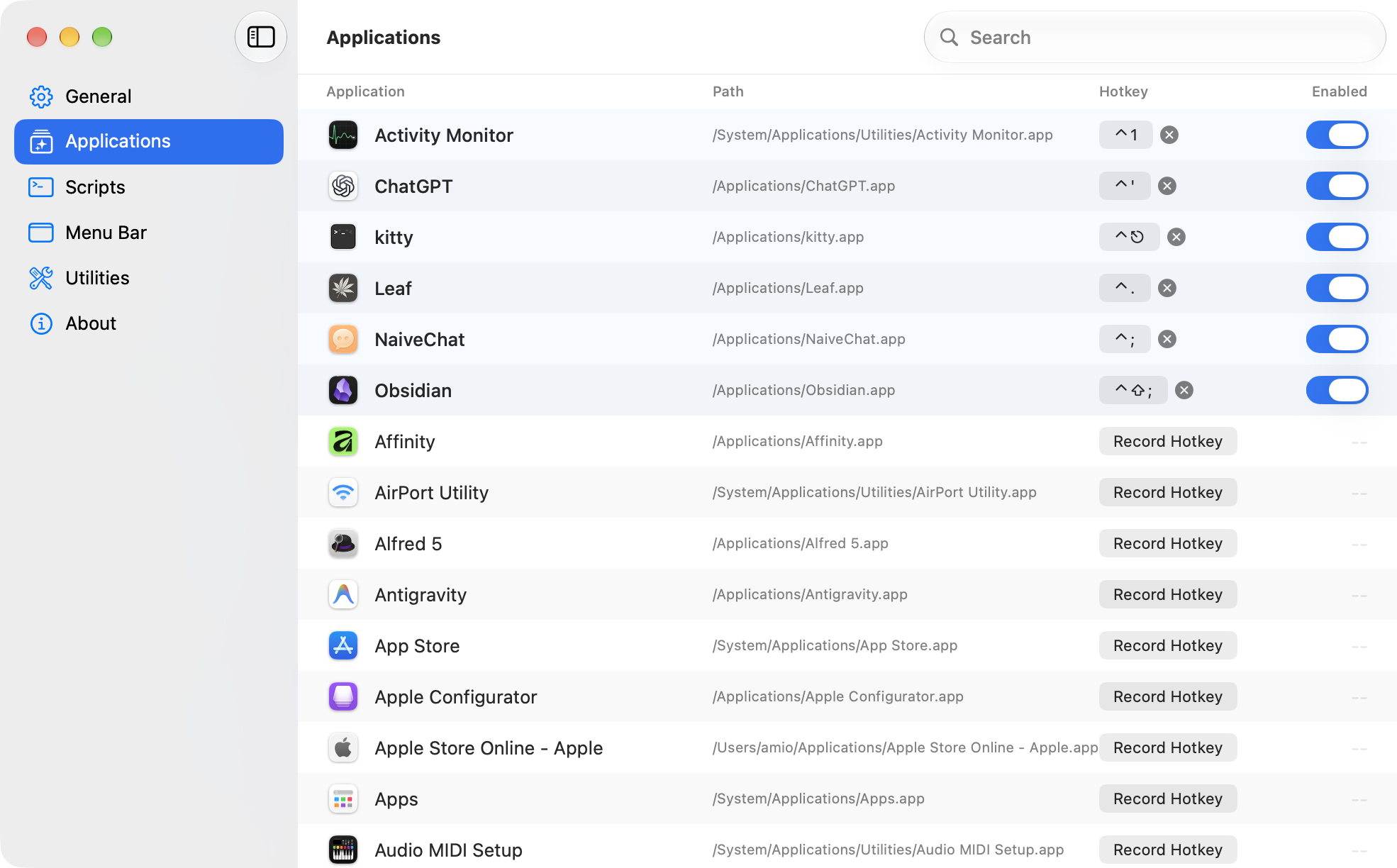 TapTick Applications settings