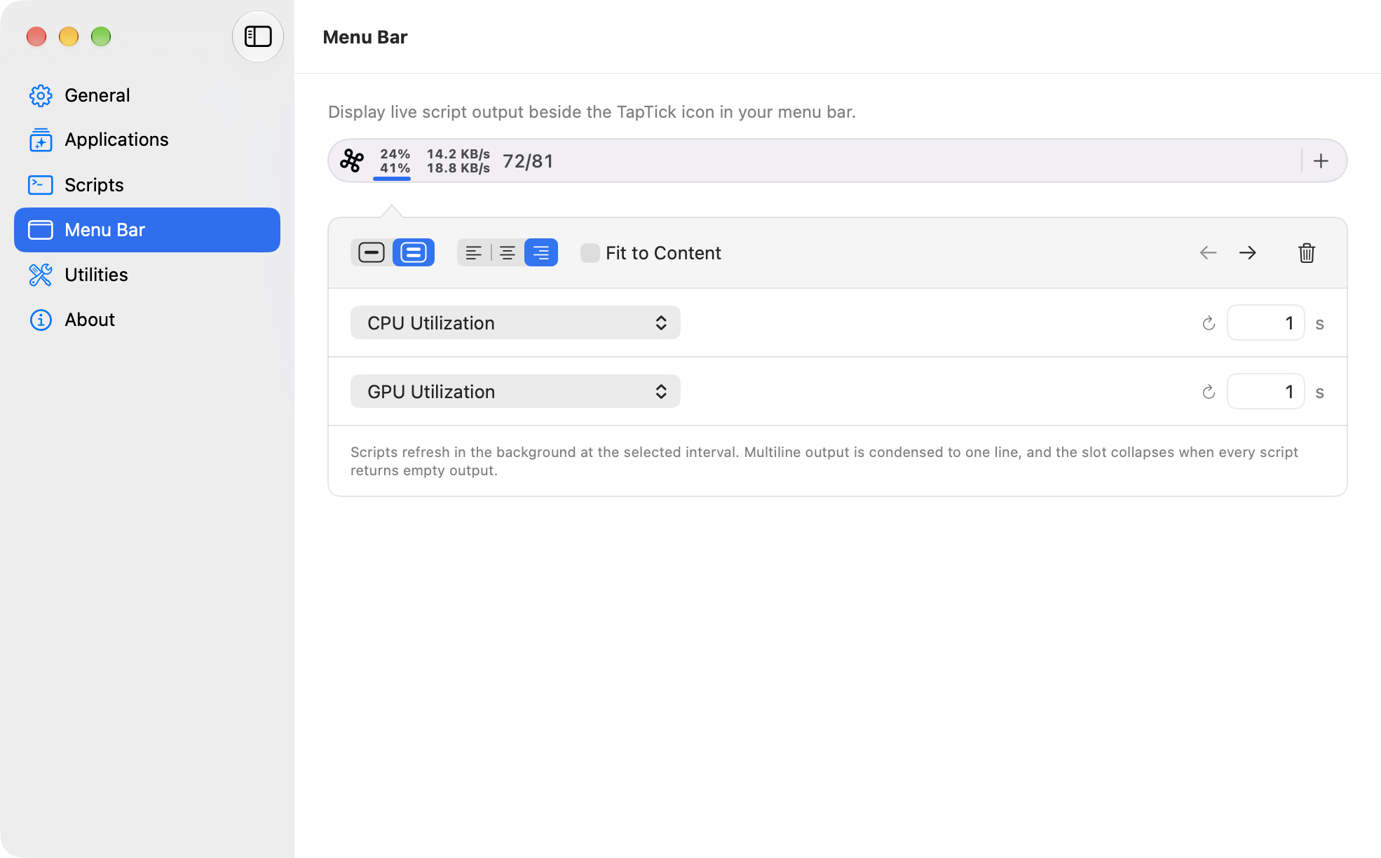 TapTick Menu Bar settings